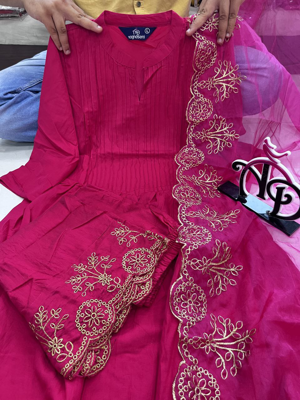 Gorgeous Pink Silk Kurta Set With Organza Dupatta