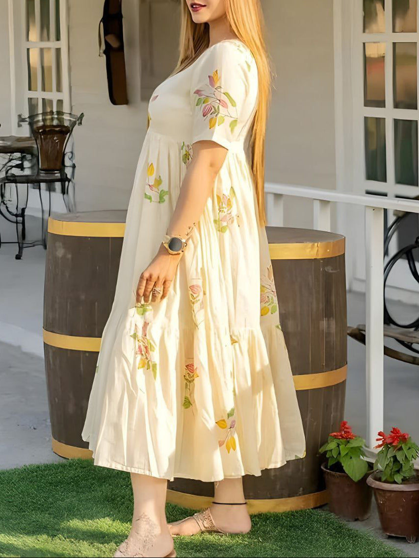 Beautiful Off-White Floral Print Maxi Dress