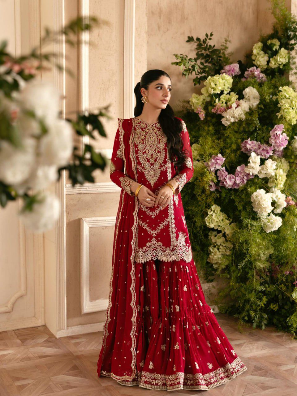 Stunning Exclusive Bridal Red 3-Piece Sharara Set