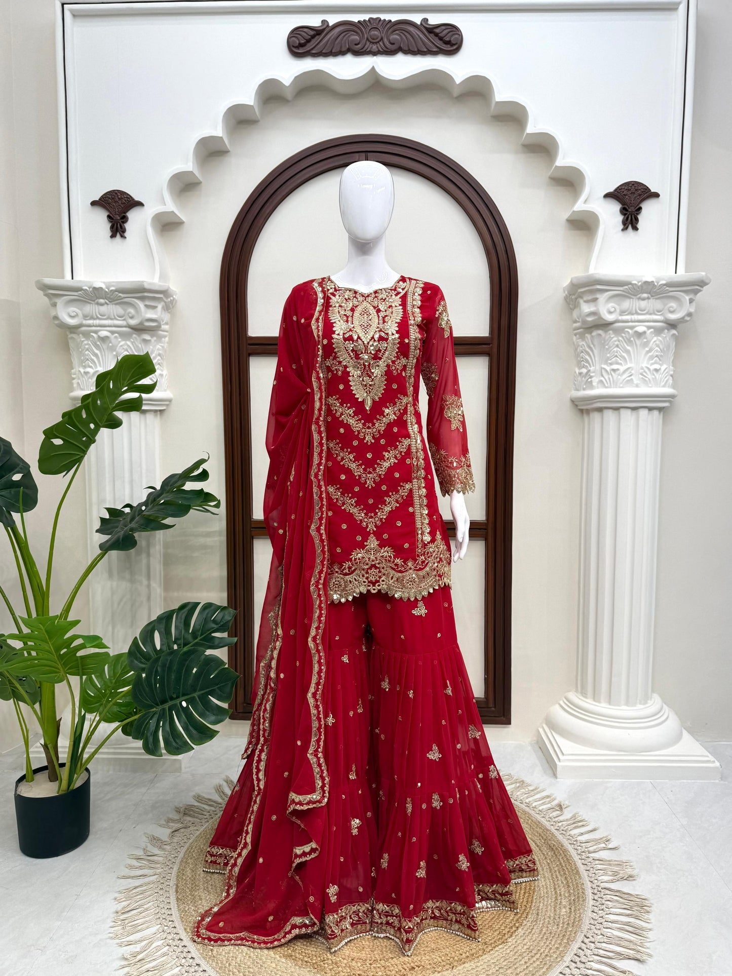 Stunning Exclusive Bridal Red 3-Piece Sharara Set