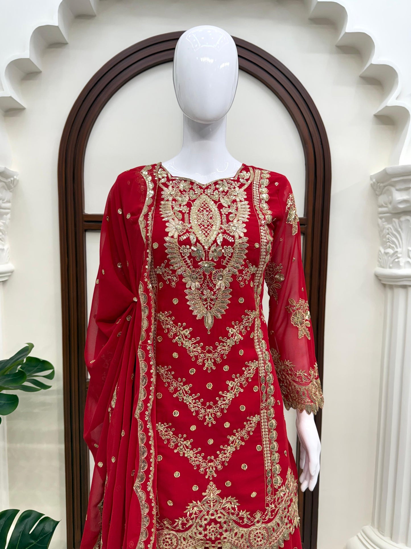 Stunning Exclusive Bridal Red 3-Piece Sharara Set