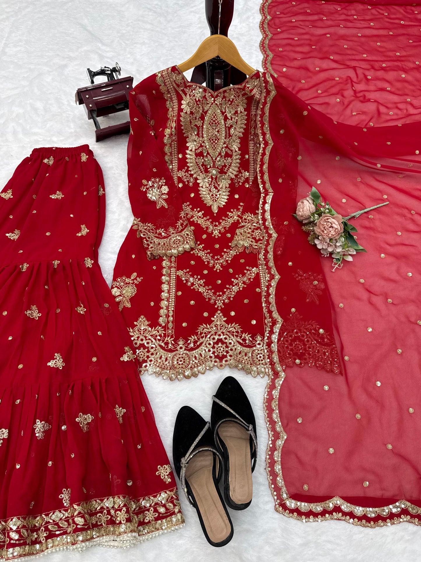 Stunning Exclusive Bridal Red 3-Piece Sharara Set