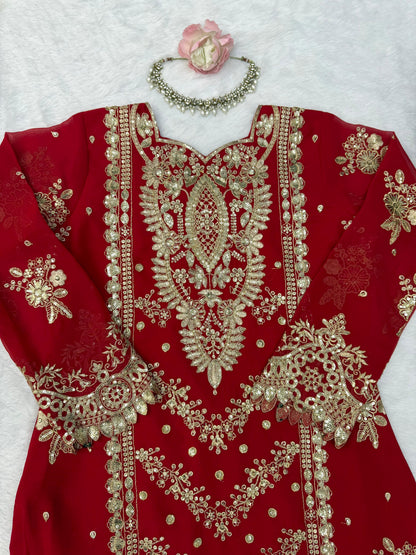 Stunning Exclusive Bridal Red 3-Piece Sharara Set