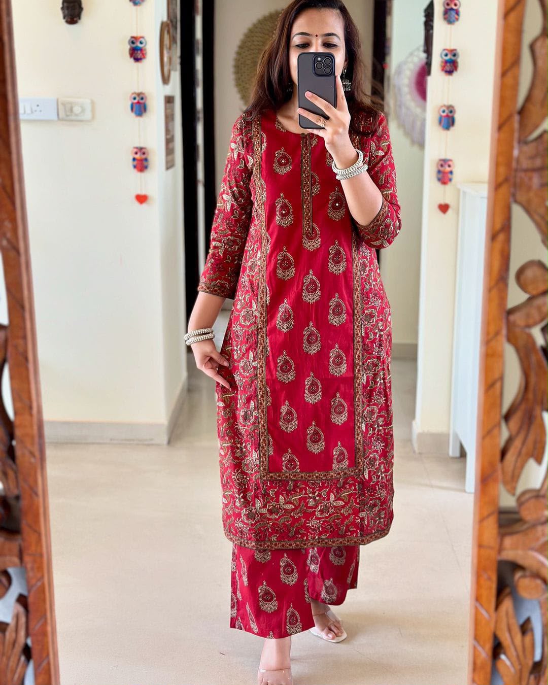 Jaipuri Red Printed Cotton Kurta Set