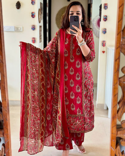 Jaipuri Red Printed Cotton Kurta Set