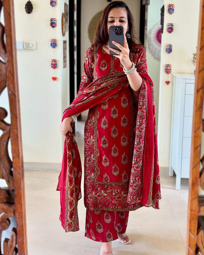 Jaipuri Red Printed Cotton Kurta Set