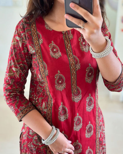 Jaipuri Red Printed Cotton Kurta Set
