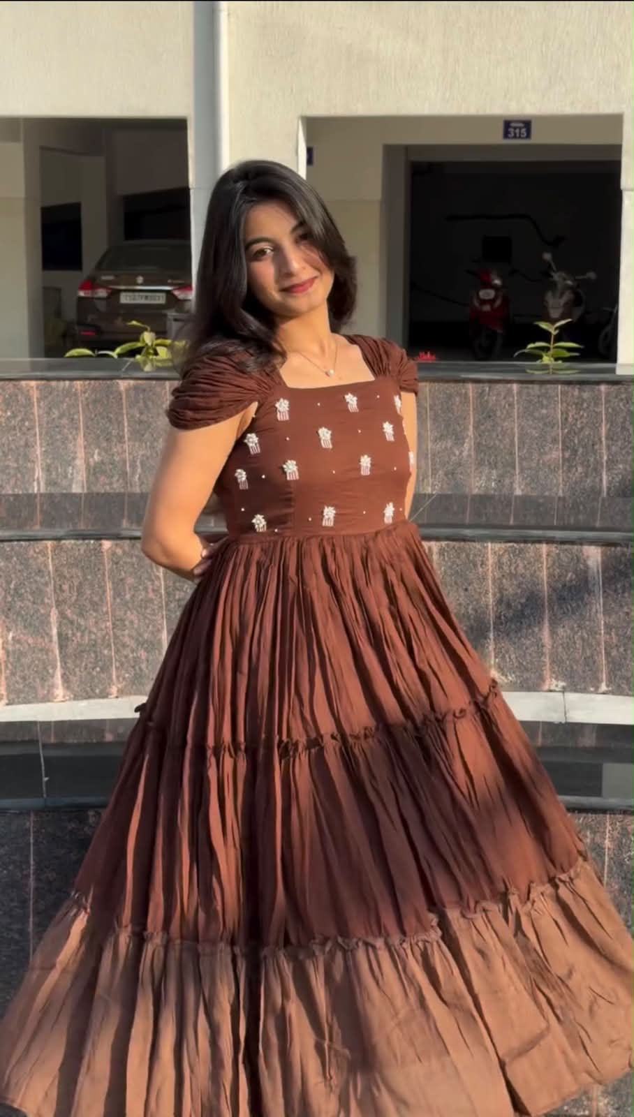 Elegant Flaired Mul Cotton Dress With Maggam Work