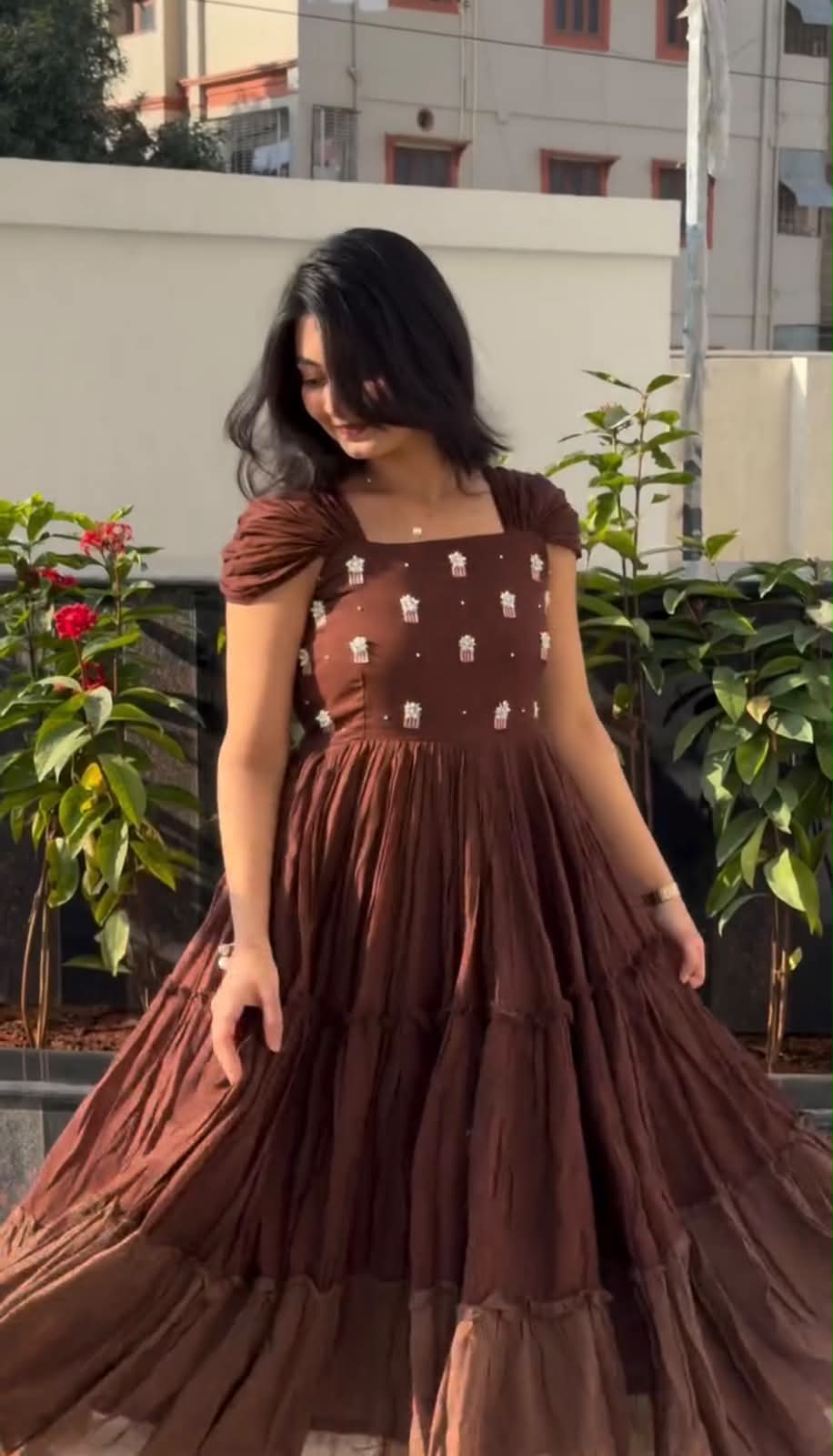 Elegant Flaired Mul Cotton Dress With Maggam Work