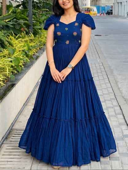 Elegant Flaired Mul Cotton Dress With Maggam Work