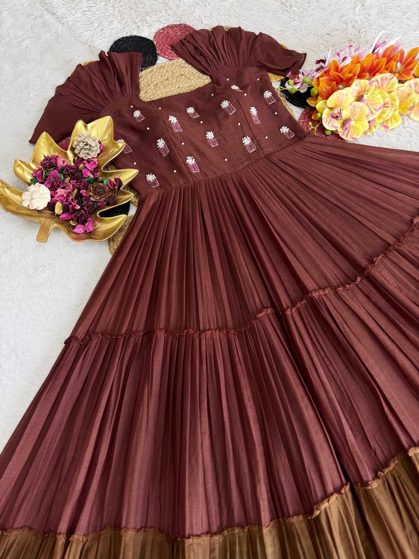 Elegant Flaired Mul Cotton Dress With Maggam Work