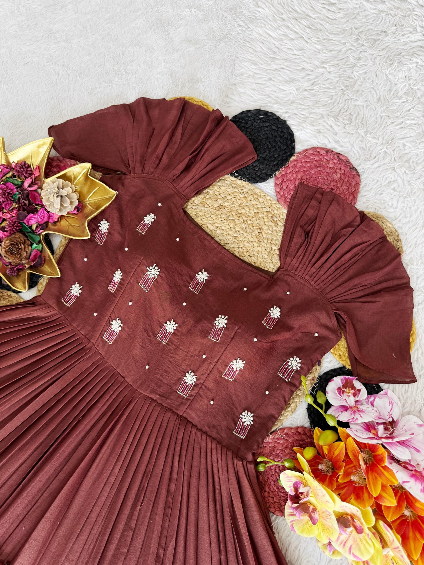 Elegant Flaired Mul Cotton Dress With Maggam Work