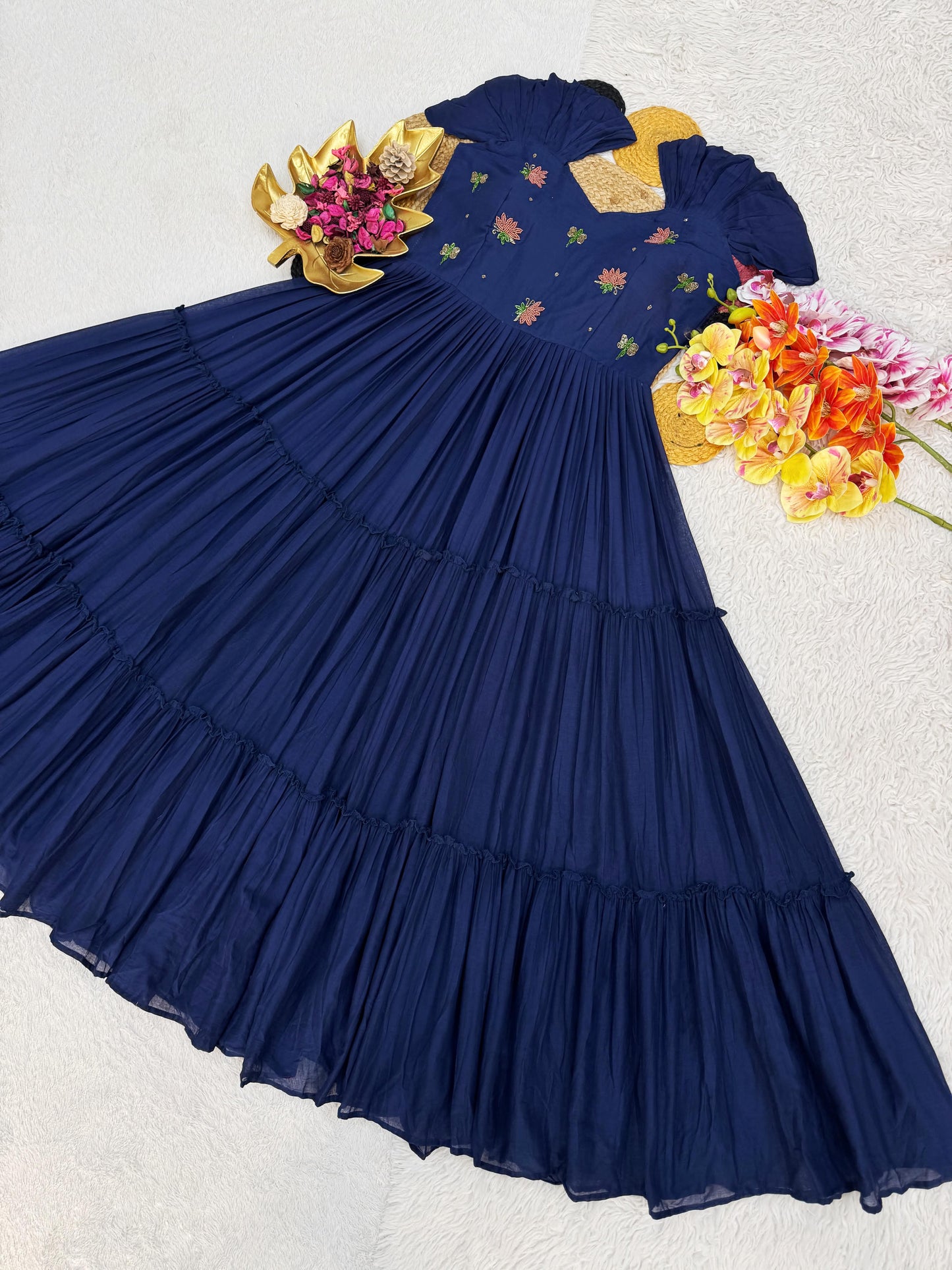 Elegant Flaired Mul Cotton Dress With Maggam Work