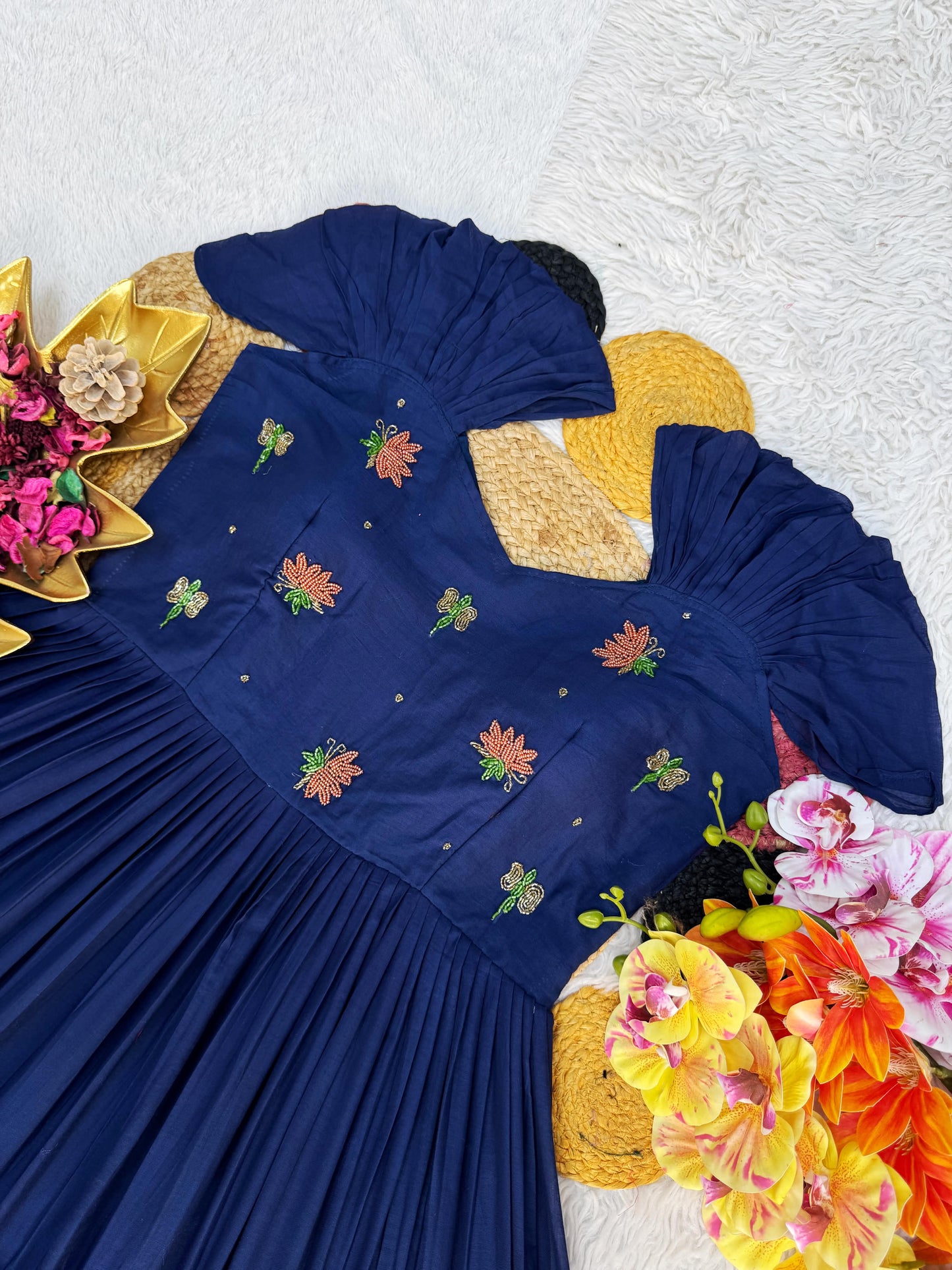 Elegant Flaired Mul Cotton Dress With Maggam Work