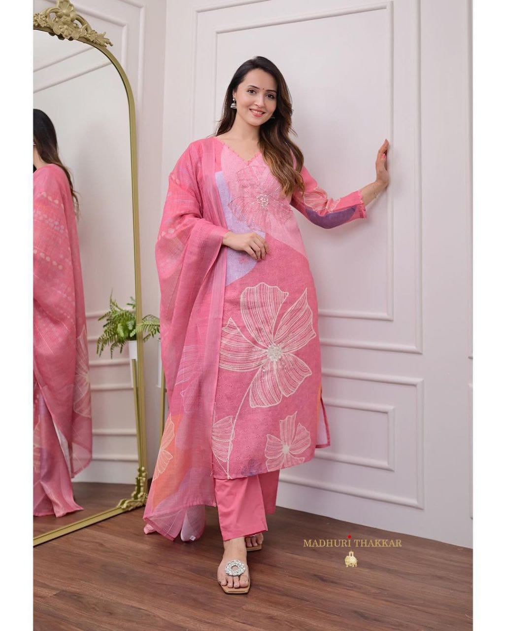 Stunning Schiffli 3-Piece Linen Cotton Kurta Set