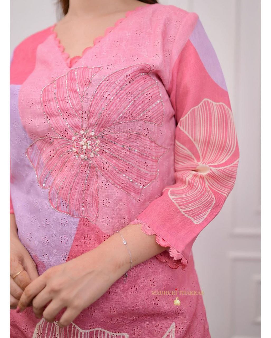 Stunning Schiffli 3-Piece Linen Cotton Kurta Set