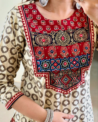 Elegant Ajrakh Muslin Kurta Set With Handwork Detailing