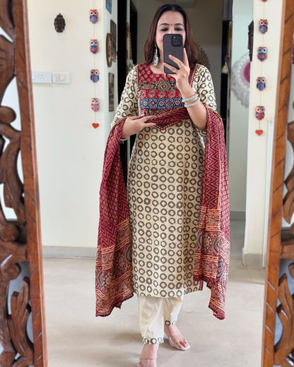 Elegant Ajrakh Muslin Kurta Set With Handwork Detailing