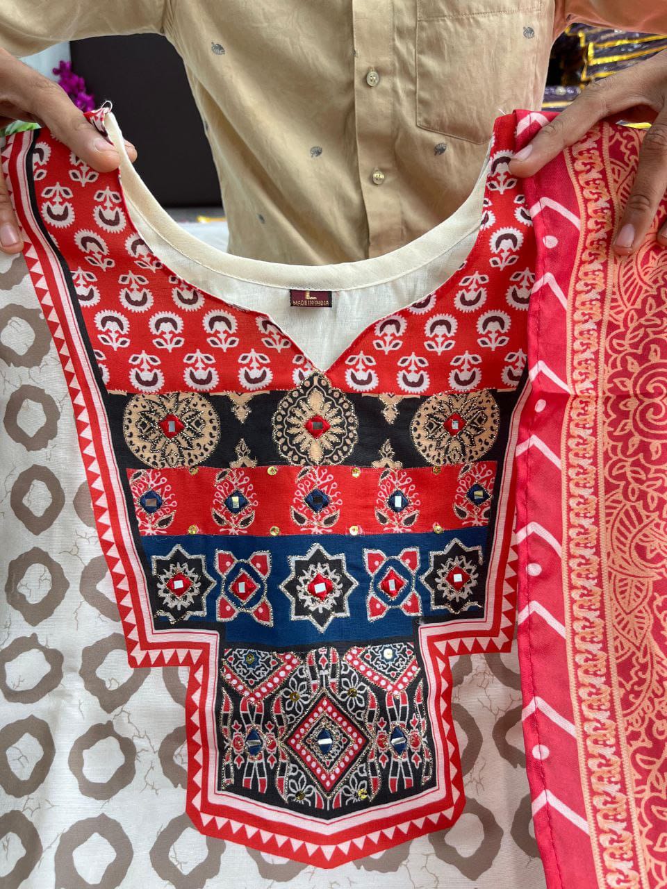 Elegant Ajrakh Muslin Kurta Set With Handwork Detailing