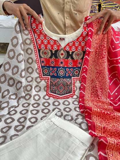 Elegant Ajrakh Muslin Kurta Set With Handwork Detailing