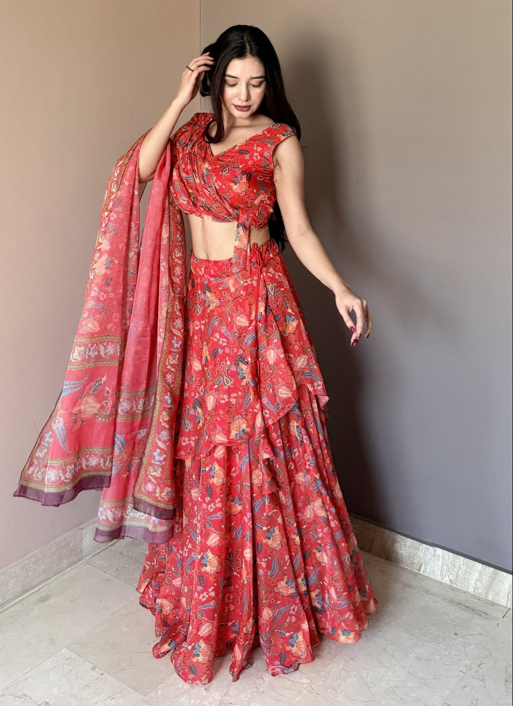 Ravishing Red Floral Printed Lehenga Set