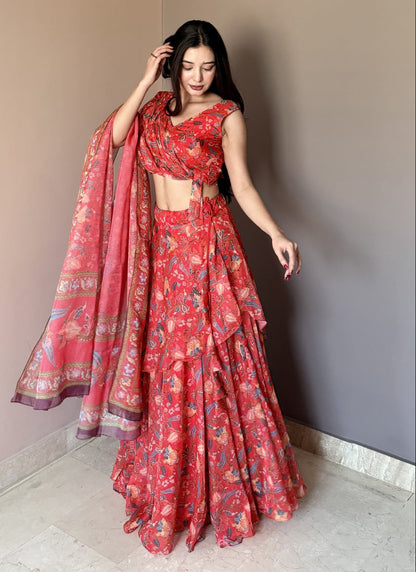Ravishing Red Floral Printed Lehenga Set