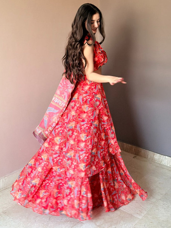 Ravishing Red Floral Printed Lehenga Set