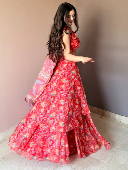 Ravishing Red Floral Printed Lehenga Set