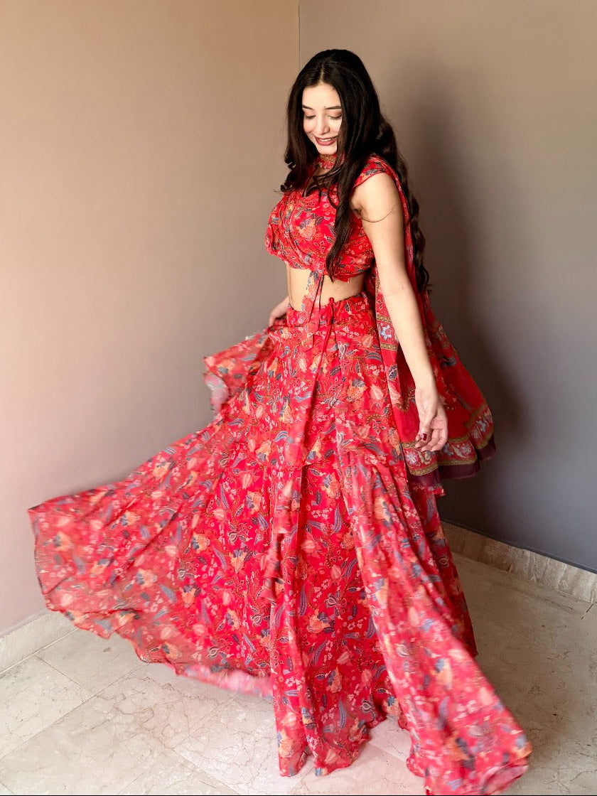 Ravishing Red Floral Printed Lehenga Set
