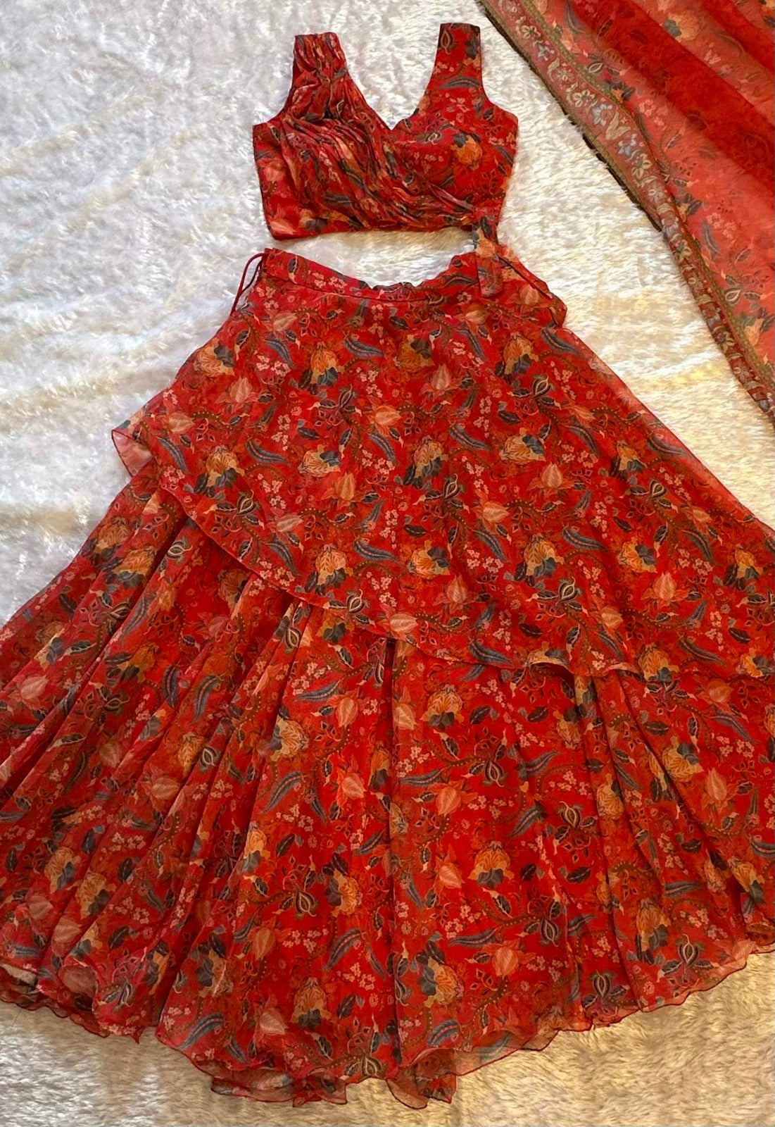 Ravishing Red Floral Printed Lehenga Set