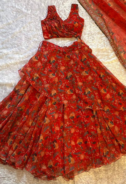 Ravishing Red Floral Printed Lehenga Set