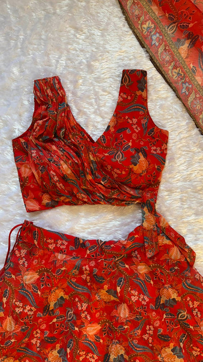 Ravishing Red Floral Printed Lehenga Set