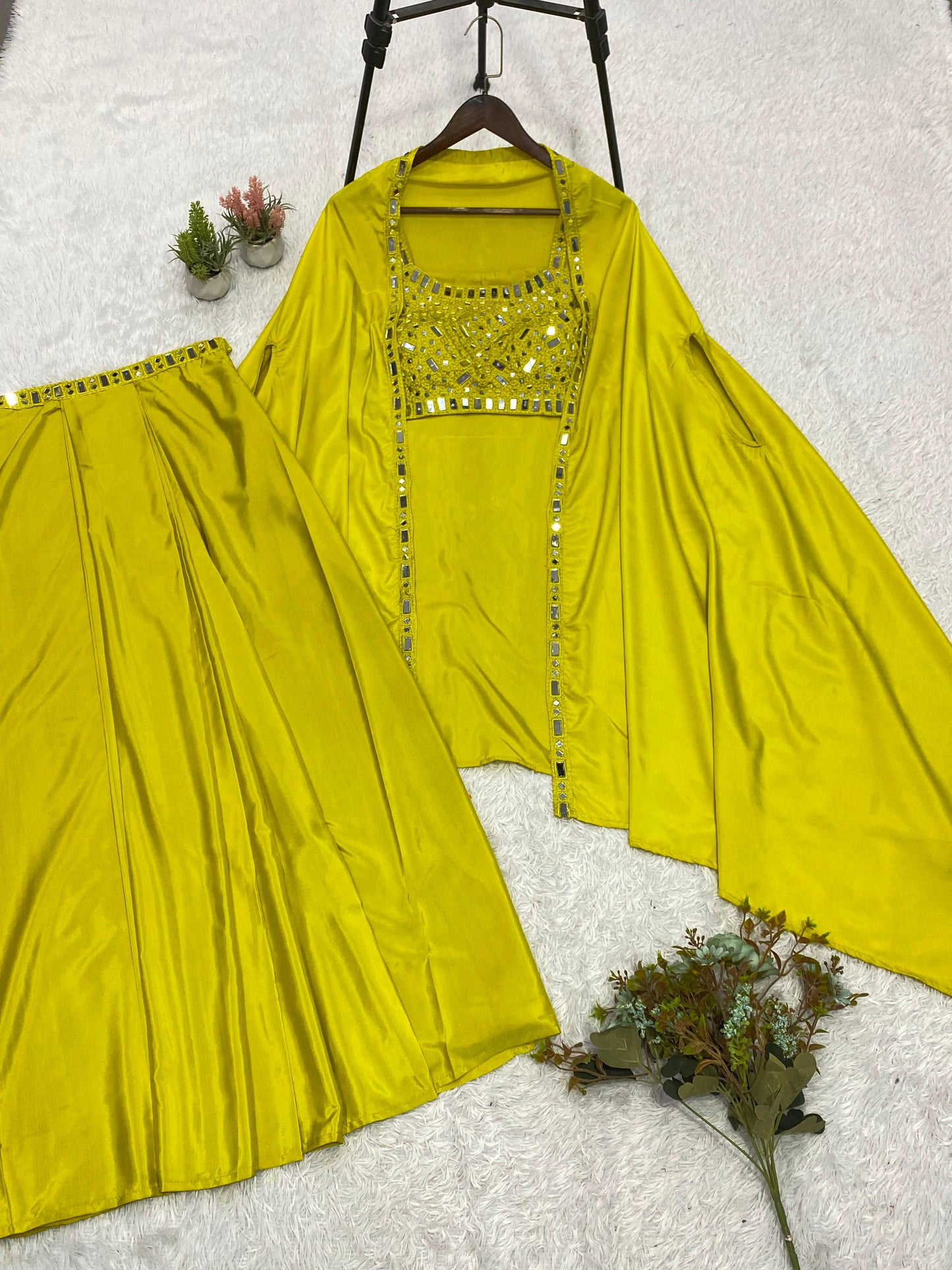 Exclusive Mirror Work Skirt Set With Shrug