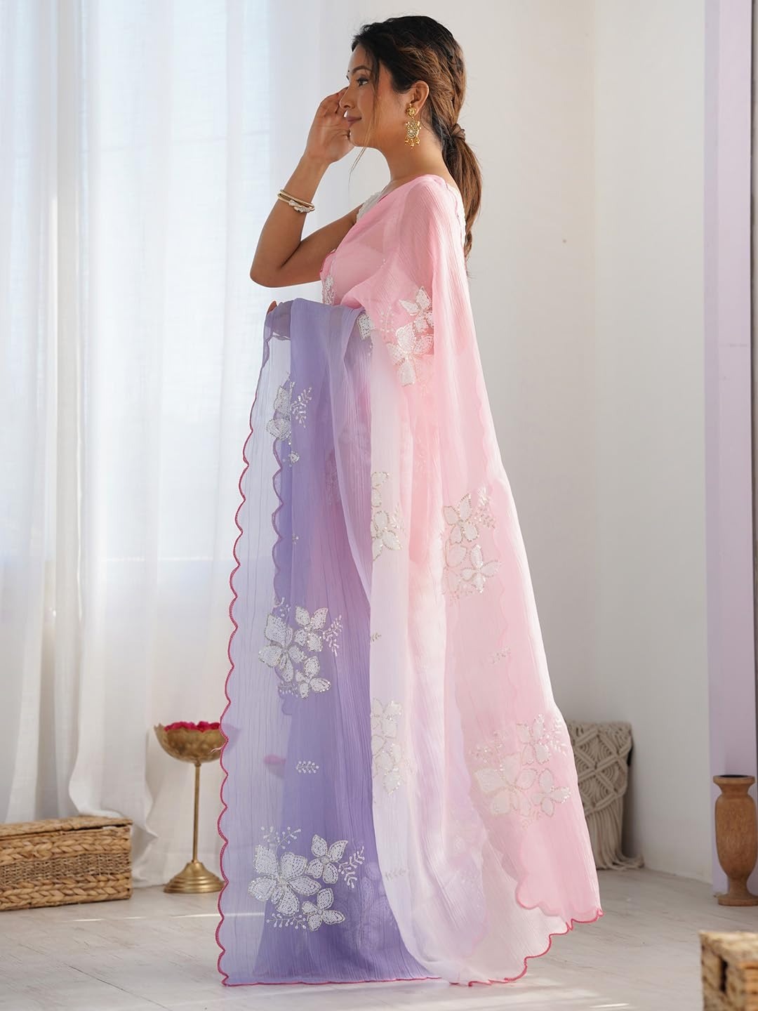 Designer Chiffon Saree with Embroidered Blouse Piece