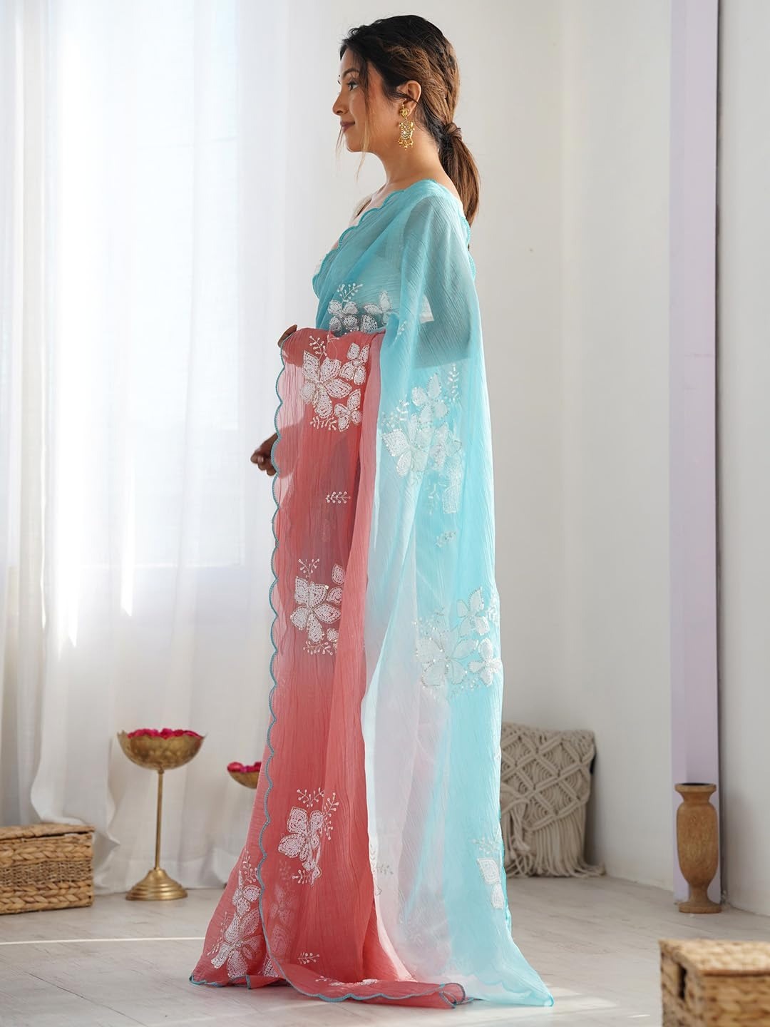 Designer Chiffon Saree with Embroidered Blouse Piece