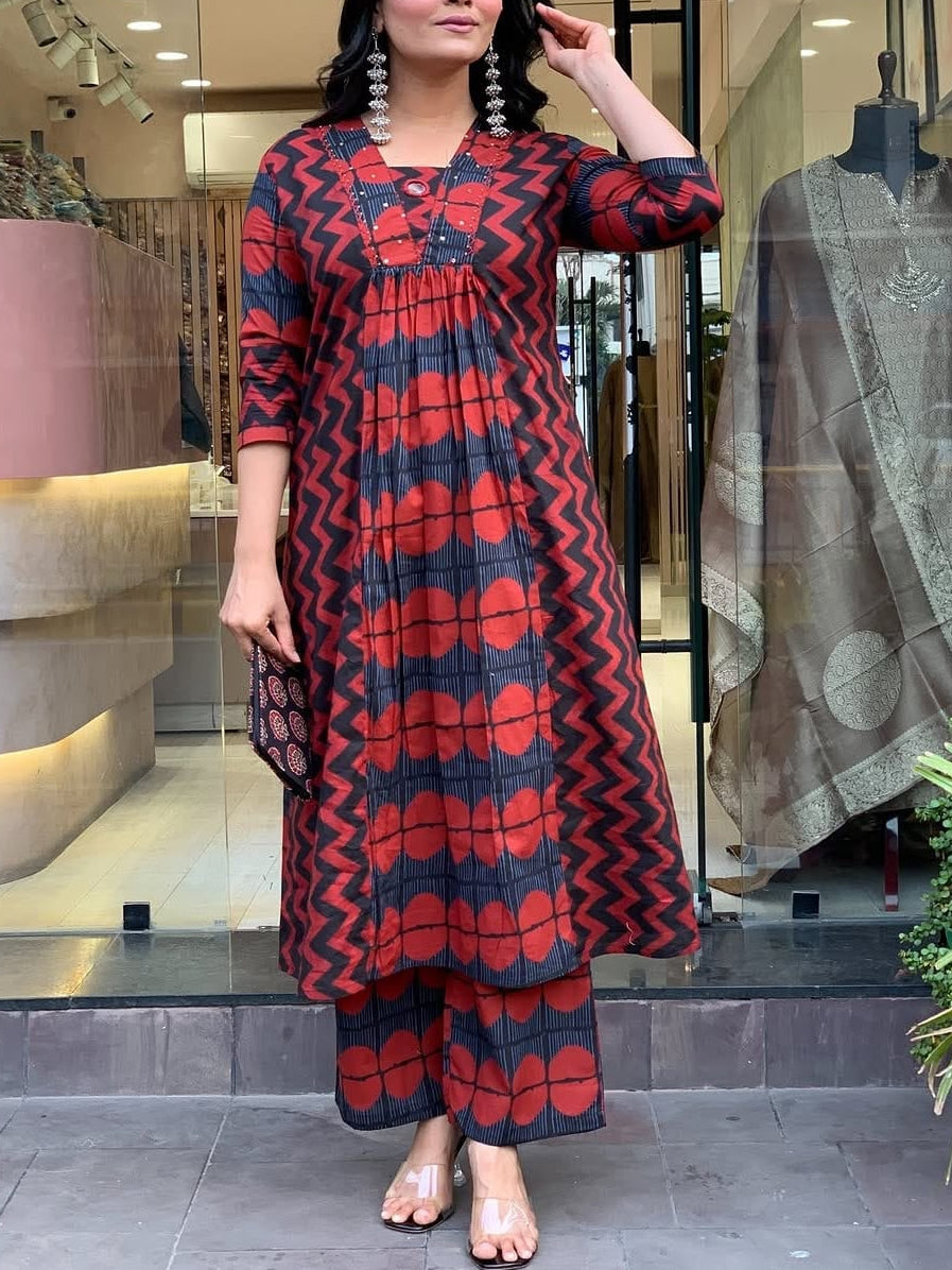 Graceful Red A-line Cotton Kurta Set