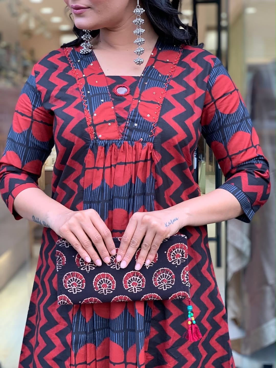 Graceful Red A-line Cotton Kurta Set