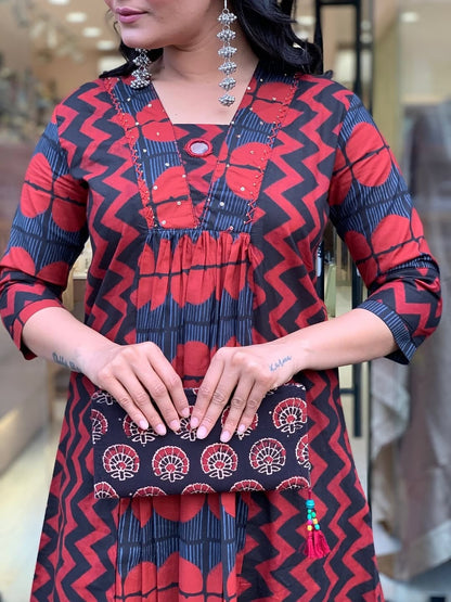 Graceful Red A-line Cotton Kurta Set