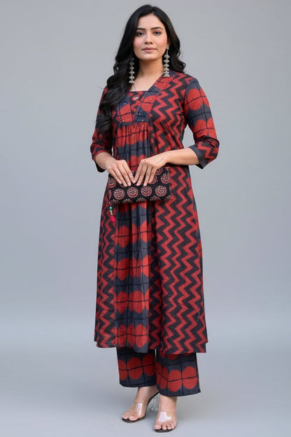 Graceful Red A-line Cotton Kurta Set