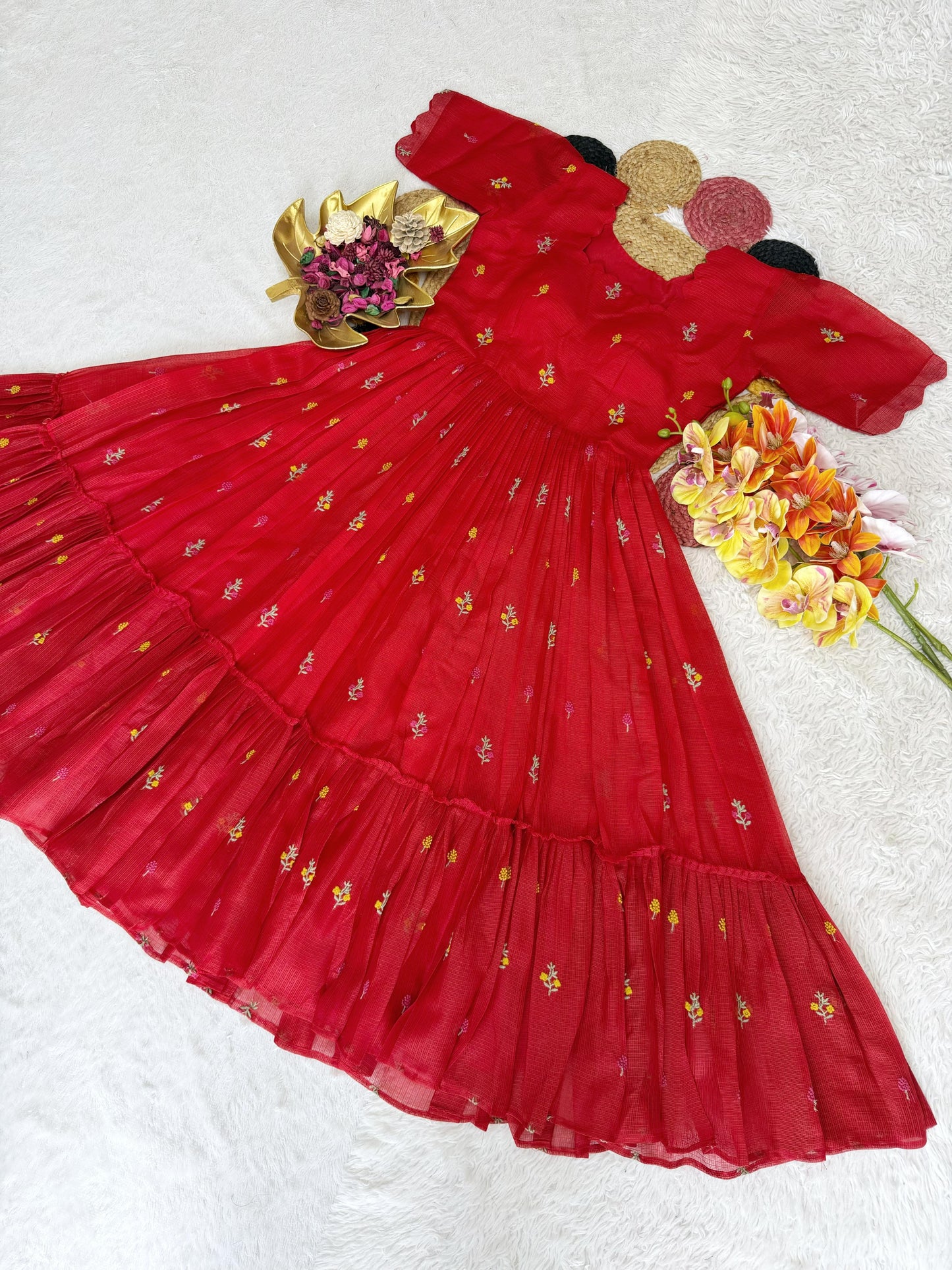 Summer Special Floral Embroidery Kota Maxi Dress