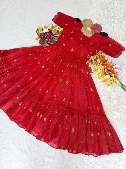 Summer Special Floral Embroidery Kota Maxi Dress