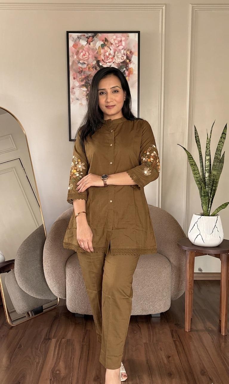 Premium Cotton Co-ord Set With Embroidered Butta