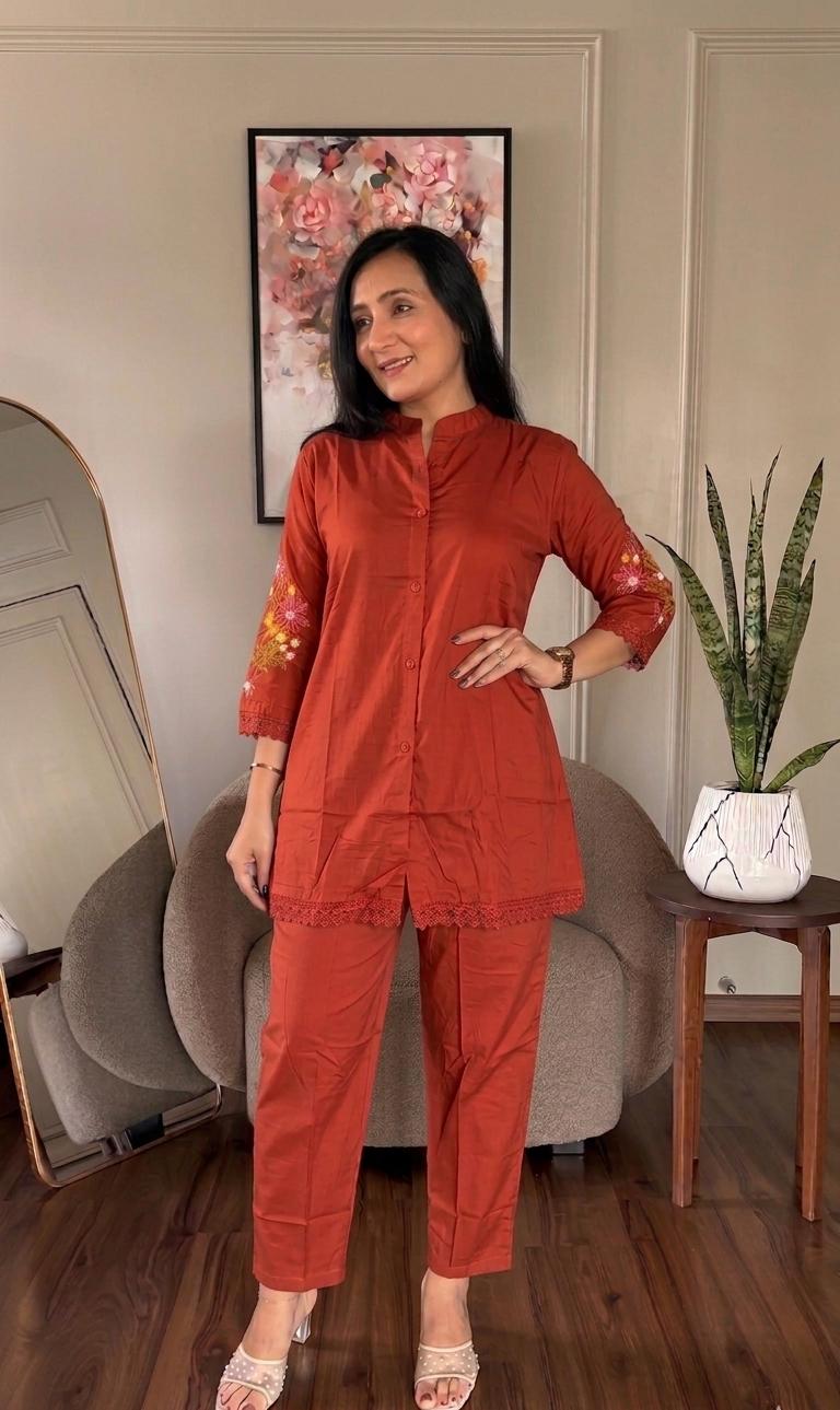 Premium Cotton Co-ord Set With Embroidered Butta