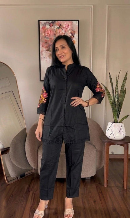 Premium Cotton Co-ord Set With Embroidered Butta