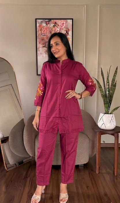 Premium Cotton Co-ord Set With Embroidered Butta