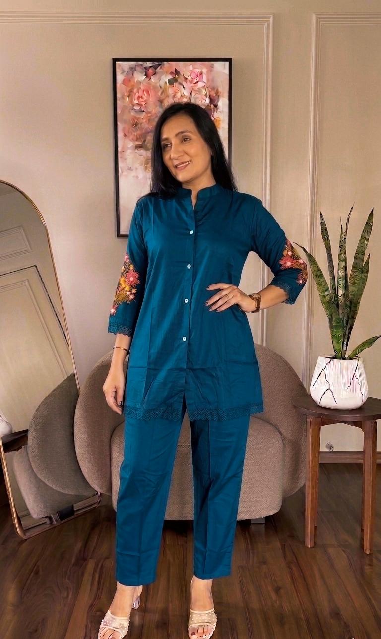 Premium Cotton Co-ord Set With Embroidered Butta