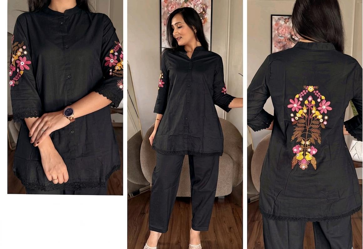 Premium Cotton Co-ord Set With Embroidered Butta