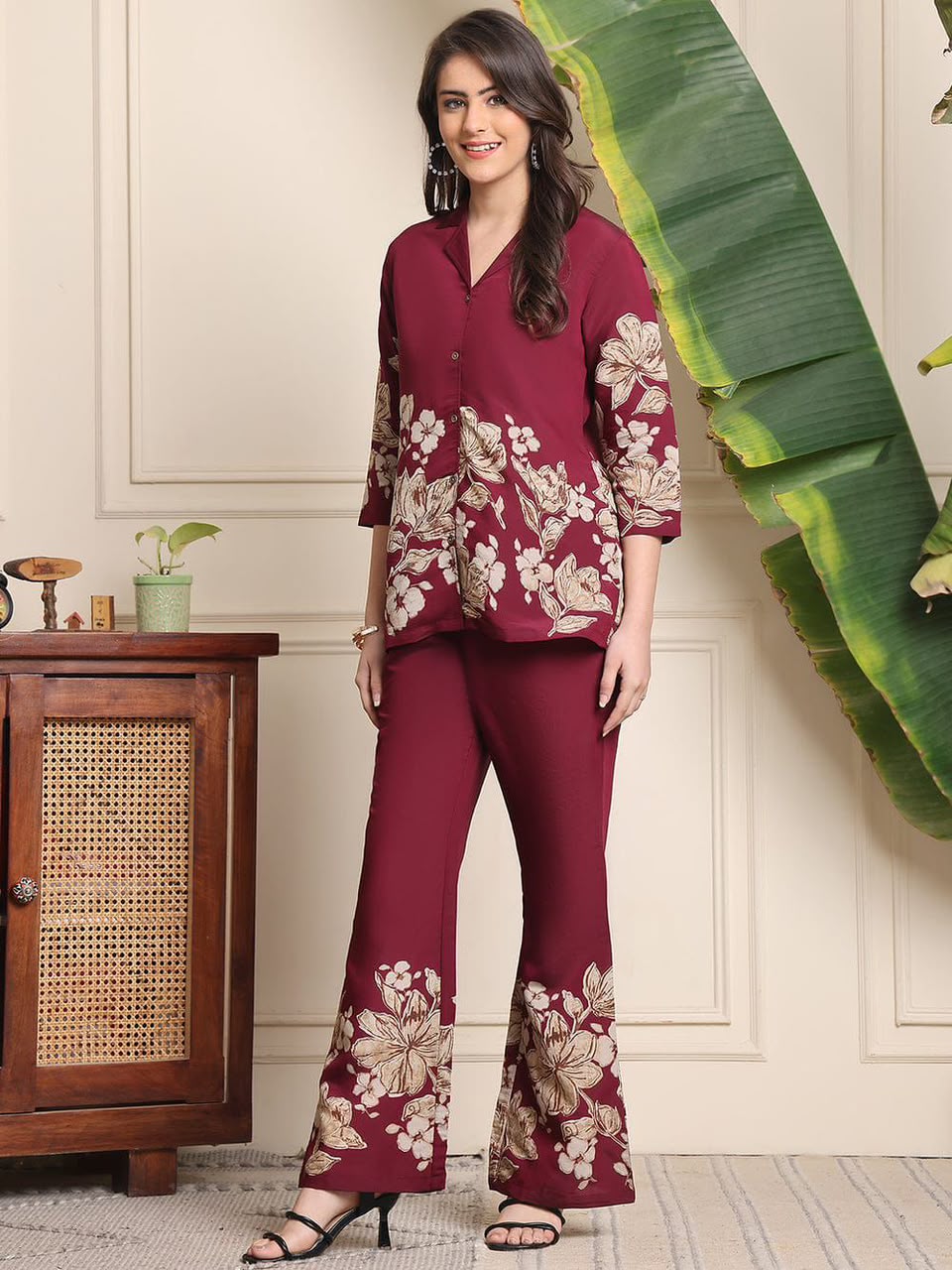 Stylish Discharge Print Co-ord Set With Bell-Bottom Pants