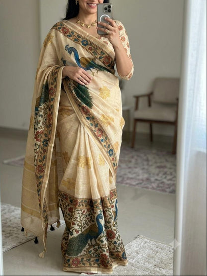 Elegant Soft linen Saree with Kalamkari Pallu
