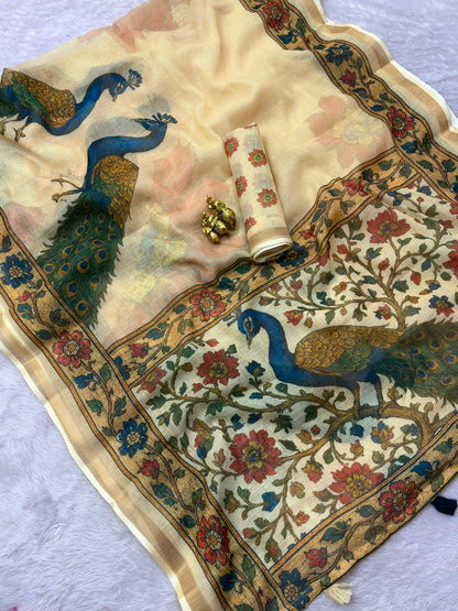 Elegant Soft linen Saree with Kalamkari Pallu